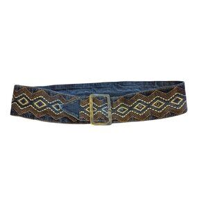 Vintage Embroidered Denim Belt Boho Western Coastal Cowgirl 90's Bronze Buckle‎